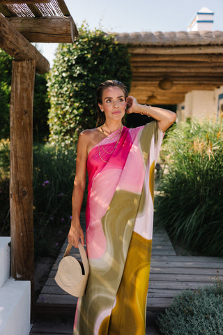 Oblique Shoulder Ombre Print Dress