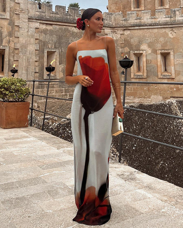 See Through Blossom Print Sling Dress