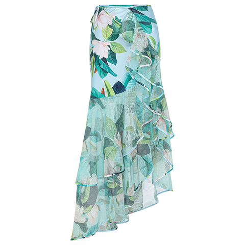 Long-sleeved Mangnolia Print One Piece Swimsuit and Skirt