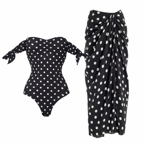 Polka-Dot One Piece Swimsuit and Skirt	