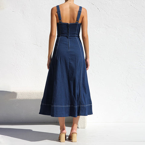 Buttons Sling  Dark Blue Denim Dress