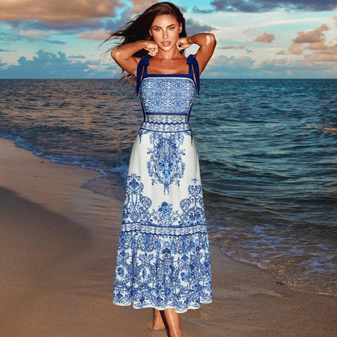 Blue and White Porcelain One Piece Swimsuit and Skirt	