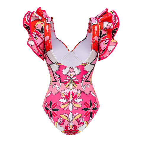 Ruffle Sleeves Red and Pink Pattern One Piece Swimsuit and Skirt	
