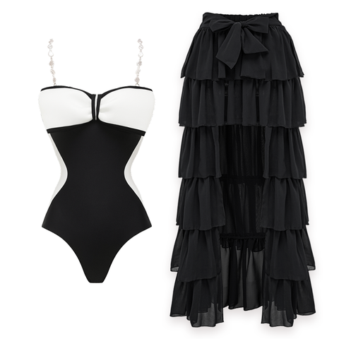 Black and White Bow Decor One Piece Swimsuit and Skirt