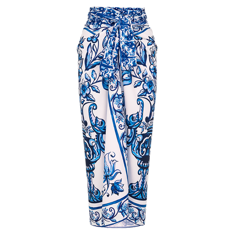 Ruffle Blue and White Porcelain Pattern Majolica Print One Piece Swimsuit and Skirt or Sarong	