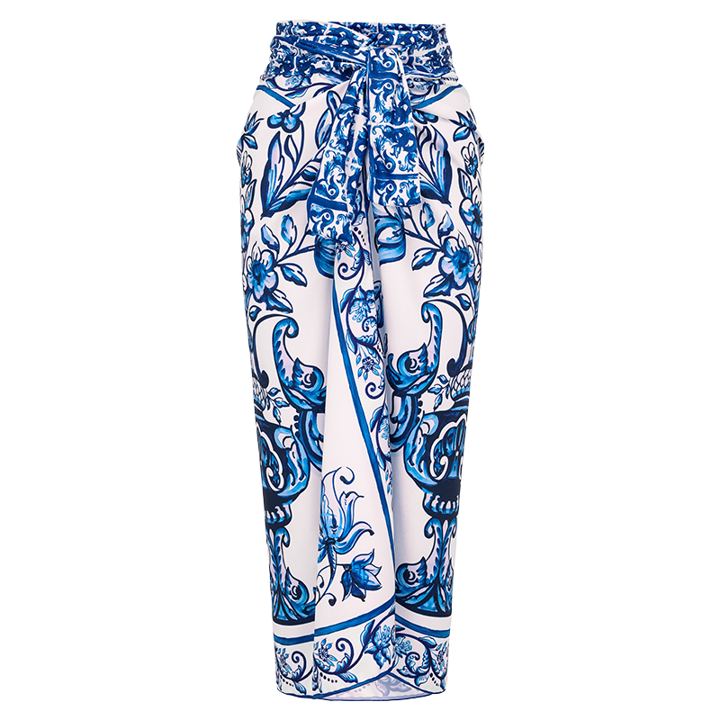 Ruffle Blue and White Porcelain Pattern Majolica Print Bikini Swimsuit and Skirt or Sarong	