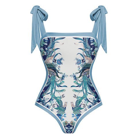Blue Reversible Bowknot Tie-shoulder One Piece Swimsuits and Sarong