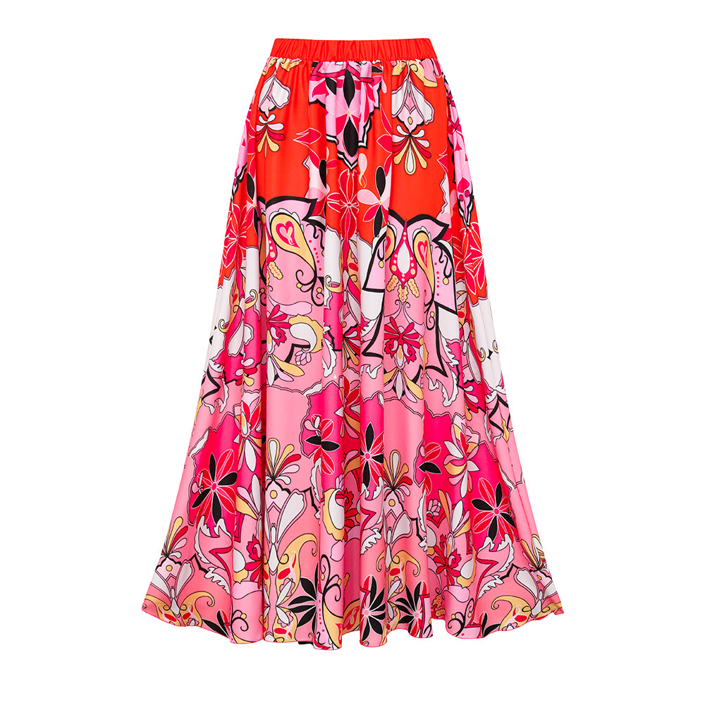 Ruffle Sleeves Red and Pink Pattern One Piece Swimsuit and Skirt	
