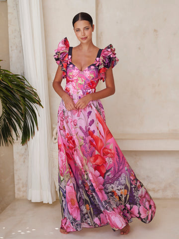 Ruffled Blooming Flowers Print One Piece Swimsuit and sarong