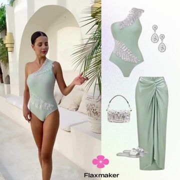 One Shoulder Sequin Leaf Embroidery One Piece Swimsuit and sarong