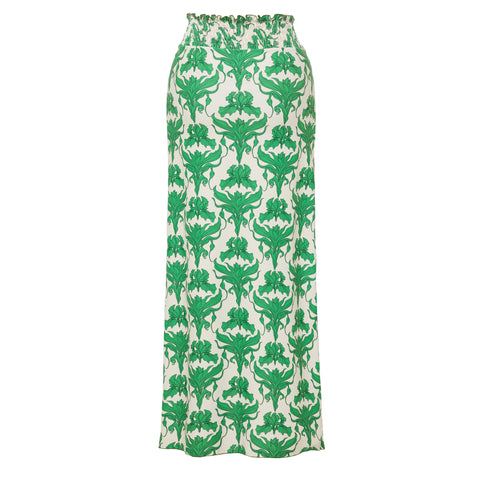 One Shoulder Shirring Iris Print One Piece Swimsuit and Skirt