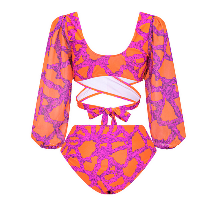 V Neck Net Yarn Long Sleeve Bikini Swimsuit and Skirt	