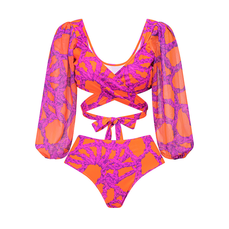 Long Sleeve V Neck Printed Bikini Swimsuit and Skirt Flaxmaker	