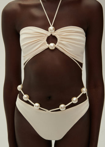 Pearl Detail Halter Lace Up Bikini Swimsuit and Sarong Flaxmaker	
