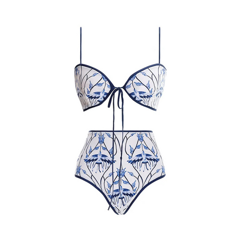 Strappy Blue Print High Waist Bikini Swimsuit and Sarong Flaxmaker	