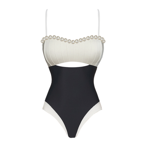 Off Shoulder Artificial Pearl Decor White One Piece Swimsuit and Skirt