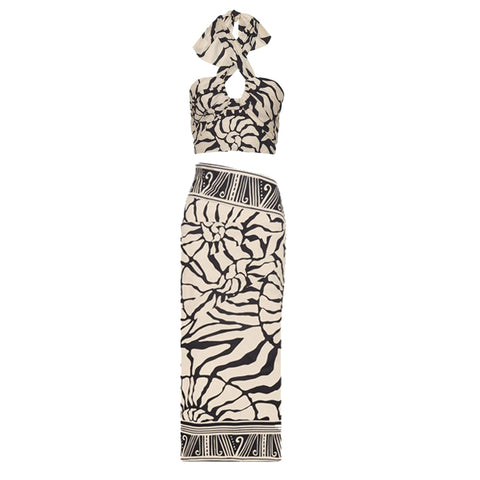 Detachable Puff Sleeves Printed High Waist Bikini Swimsuit and Skirt
