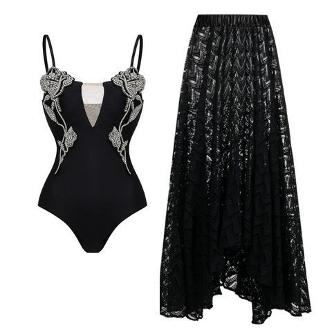 Rhinestones Flower Decor One Piece Swimsuit and Skirt