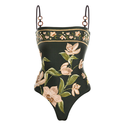 Embroidery Flower Printed One Piece Swimsuit and sarong