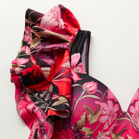 Ruffled Blooming Flowers Print One Piece Swimsuit and sarong