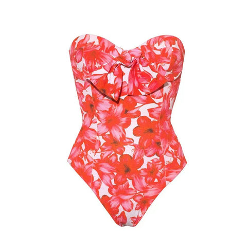 Red Floral One Piece Swimsuit and Cover Up