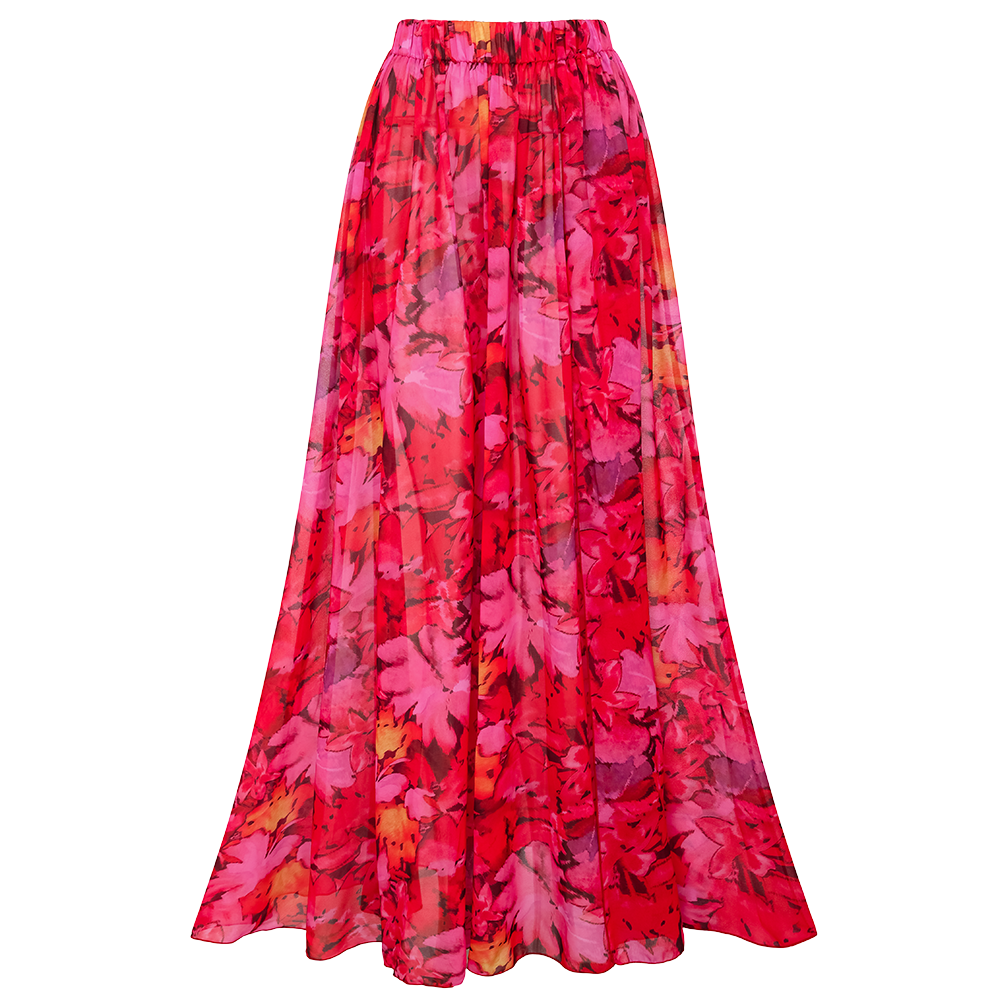 Red Flowers Printed Hollow One Piece Swimsuit and Skirt	
