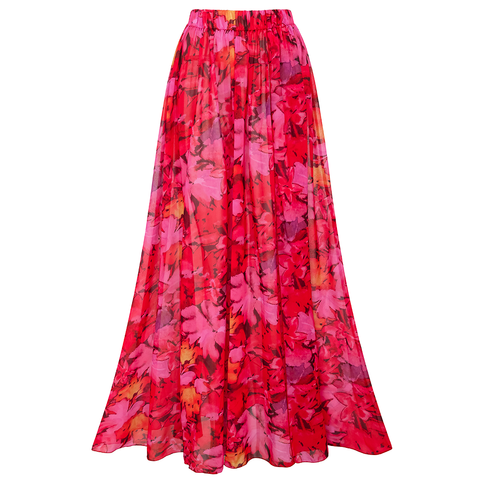 Red Flowers Printed Hollow One Piece Swimsuit and Skirt	