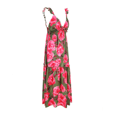 Ruffle Printed Cut Out Maxi Dress