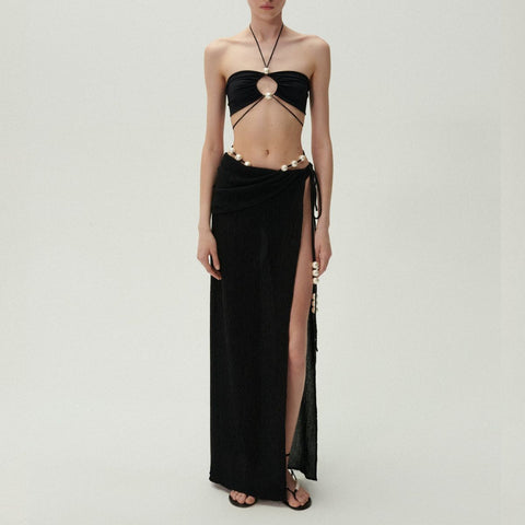 Halterneck Pearl Bandeau High Waist Bikini Swimsuit and Sarong	