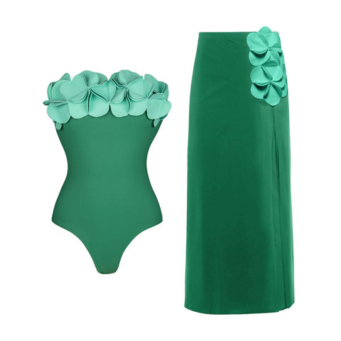 Bandeau 3D Flower One Piece Swimsuit and Skirt