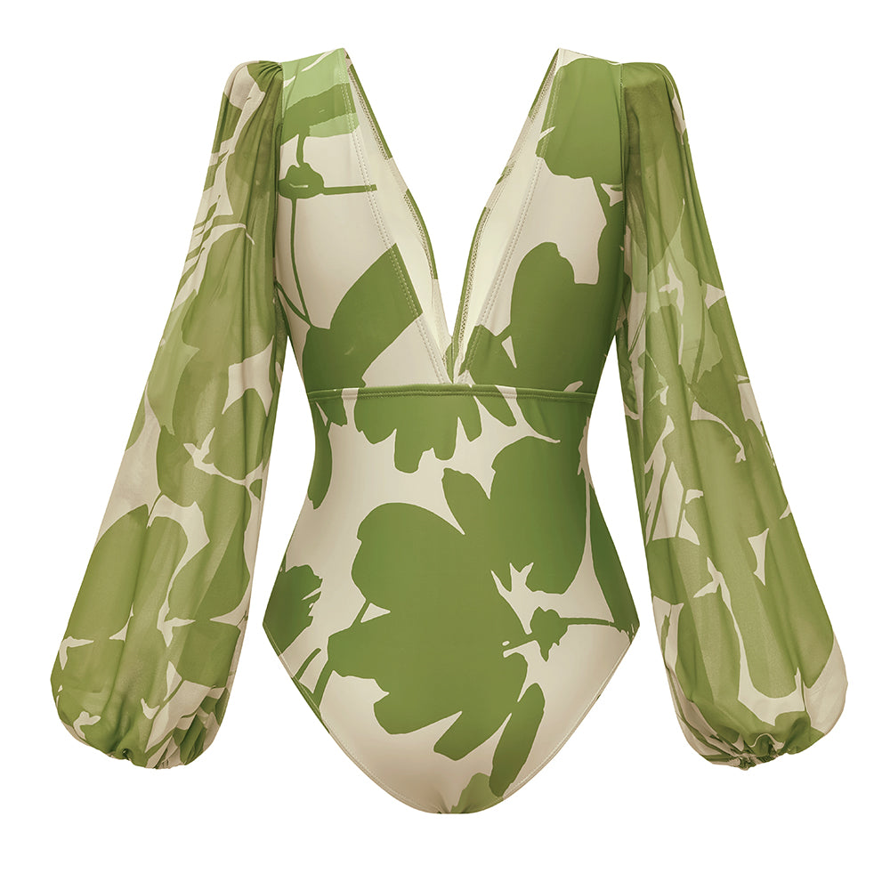 V Neck Long Sleeve Flower Print One Piece Swimsuit and Pants	
