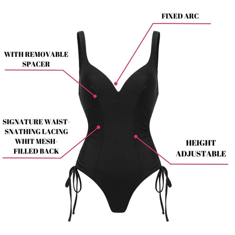V-Neck Side Seam Drawcord Body Shaping Tummy Control One-Piece Swimsuit