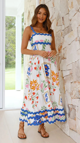 Floral Printed Wave Bandeau Fashion Maxi Dress