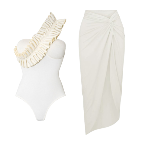 One Shoulder Ruffle White One Piece Swimsuit and Skirt
