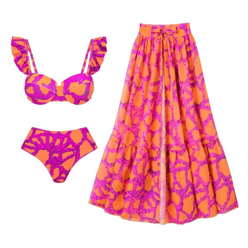 Mini Ruffled Printed Bikini Swimsuit and Skirt	