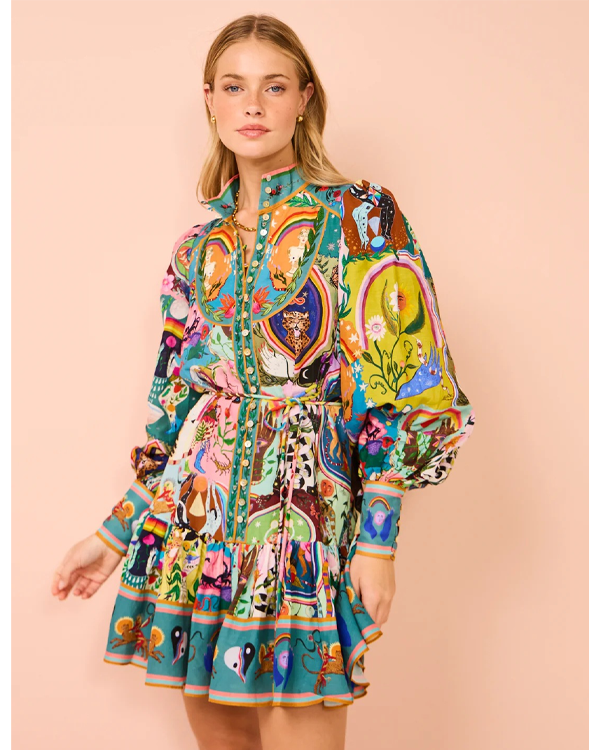 Lace up Printed Lantern Long Sleeve Mini Dress