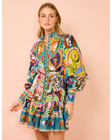 Lace up Printed Lantern Long Sleeve Mini Dress