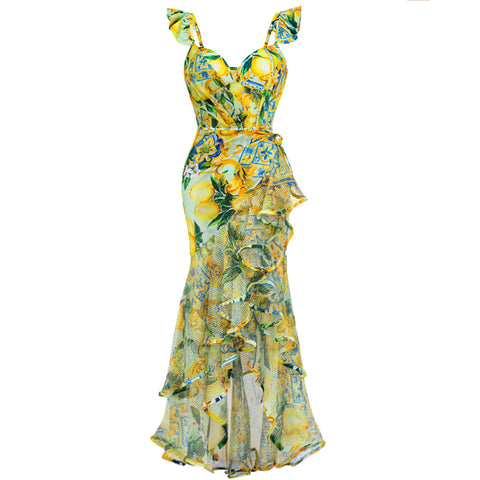 Ruffle Starp Push Up Lemon Print One Piece Swimsuit and Mesh Panel Sarong