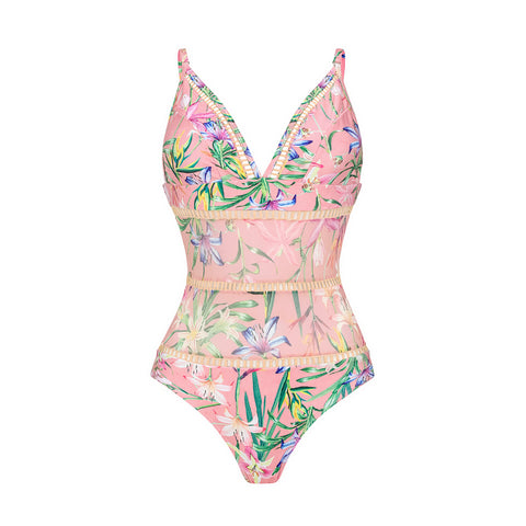 V Neck Floral Print One Piece Swimsuit and Mesh Splicing Skirt