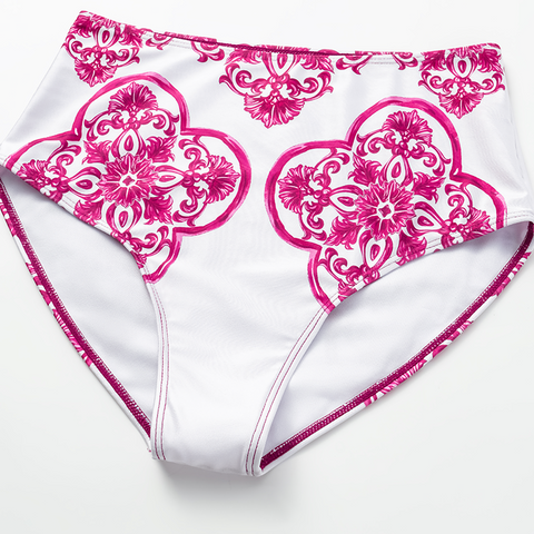 Ruffle Classic Majolica Series Pattern Print Bikini Swimsuit and Skirt or Shorts	