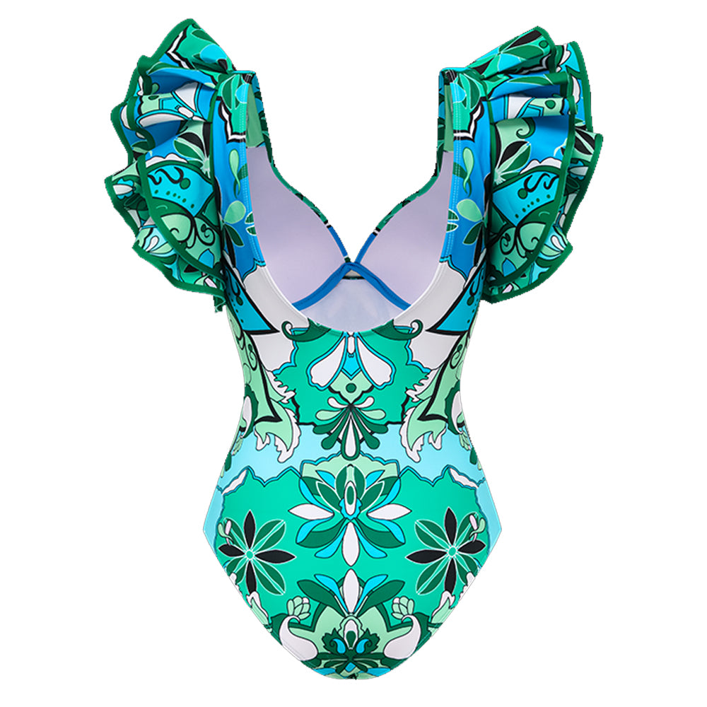 Ruffle Sleeves Blue and Green Pattern One Piece purple	