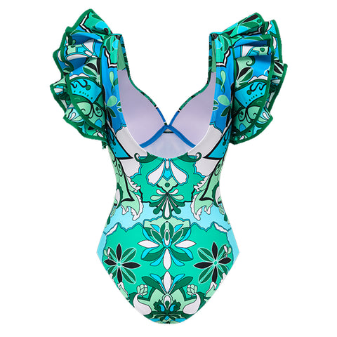 Ruffle Sleeves Blue and Green Pattern One Piece purple	