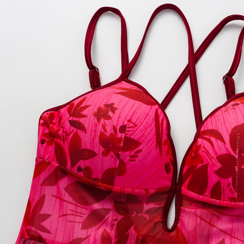 Rose Red Flower Print Net Yarn Splicing One Piece Swimsuit and Tiered Skirt