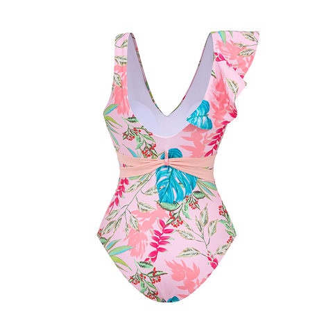 One Shoulder Ruffle Floral Print One Piece Swimsuit and Skirt