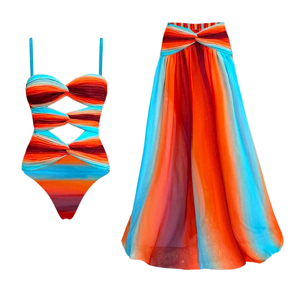 Blue-Orange Gradient Hollow One Piece Swimsuit and Skirt	