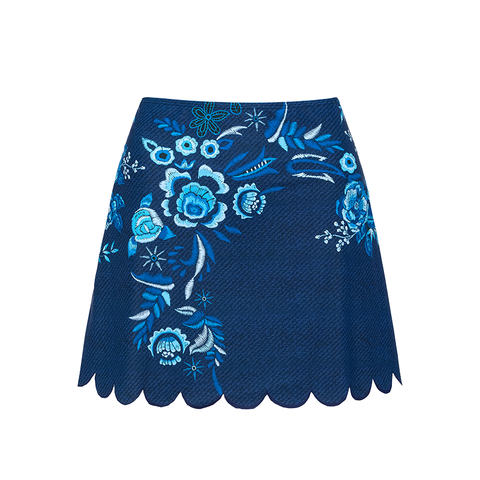 Embroidery Printed Bowknot Shoulder One Piece Swimsuit and Skirt	