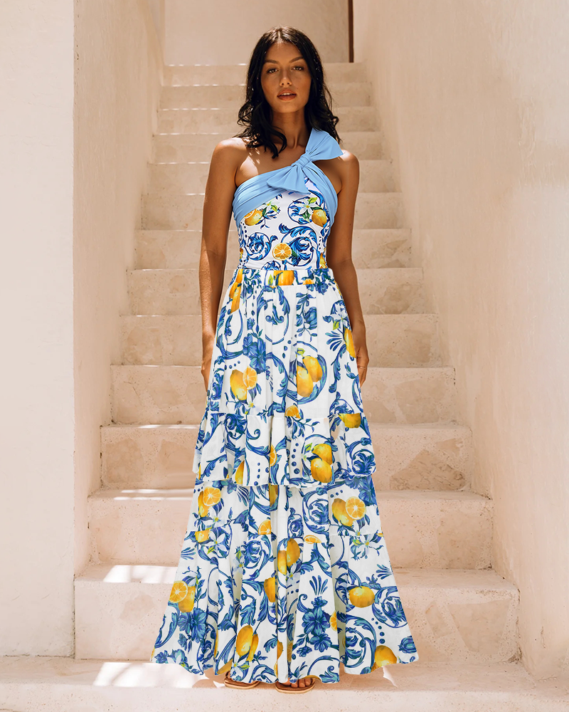 Lemon Print One Shoulder One Piece purple or Skirt Flaxmaker	