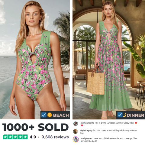 Floral Top & Plunging Ruched Swim Set and Skirt	