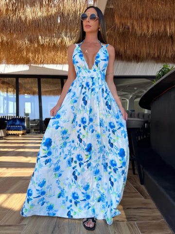 Backless V Neck Slit Printed Dress