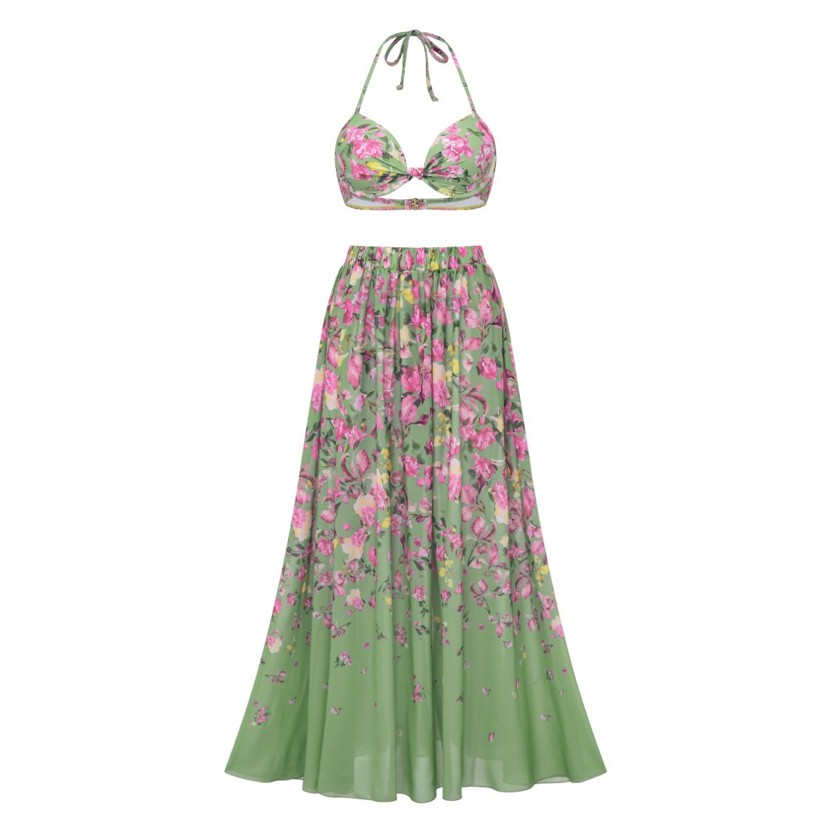 Floral Top & Plunging Ruched Swim Set and Skirt	
